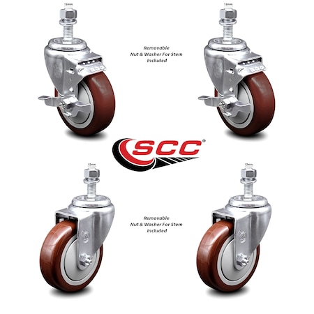 Service Caster 4 Inch Maroon Polyurethane Swivel 12mm Threaded Stem Caster Brakes SCC, 2PK SCC-TS20S414-PPUB-MRN-TLB-M1215-2-S2